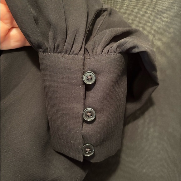 Express Plunging Chiffon Draped Black Bodysuit S Sheer Ballon Sleeve Sexy - Picture 5 of 6